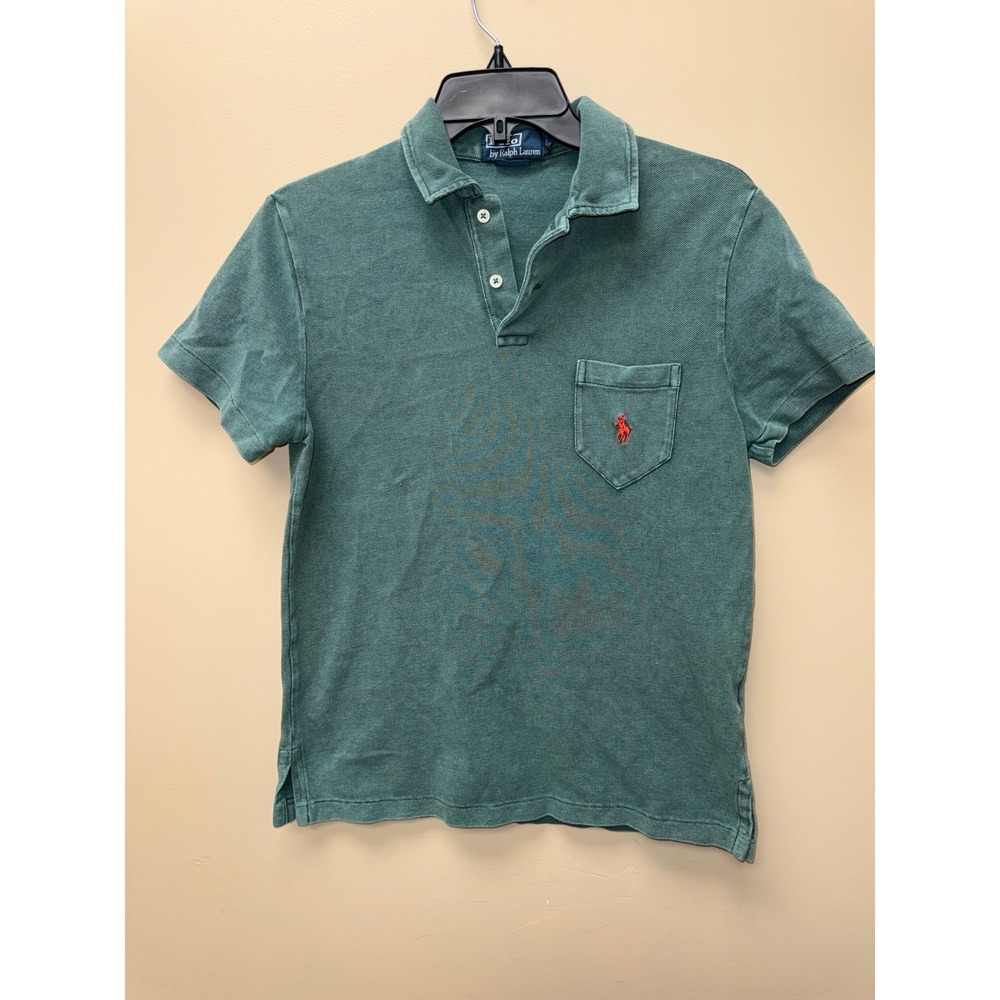 Polo Ralph Lauren Mens Small Faded Green Pique Cotton Pocket Polo Shirt Red Pony
